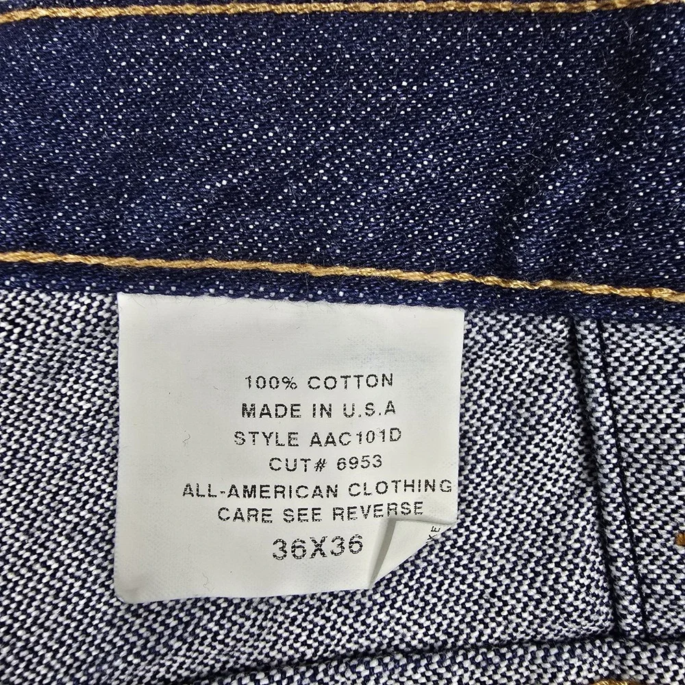 All American Clothing Co Jeans Mens 36x36 Dark Wash Made In USA NWT Raw Denim